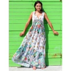 Seidenbatist Strandkleid FANTASIA BIANCO Weiß Grün Von Laetitia Beachwear