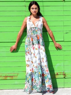 Seidenbatist Strandkleid FANTASIA BIANCO Weiß Grün Von Laetitia Beachwear -Feine Unterwaesche Geschaft kleid weiss g143 laetitia 3