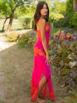 100% Seide Neglige MELINDA Lang Von Marjolaine -Feine Unterwaesche Geschaft nachtkleid lang seide melinda 4mel3003 fuchsia rot marjolaine 2 1 1